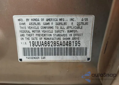 2005 Acura Tl z USA, uszkodzony, nr VIN 19UUA66285A048195